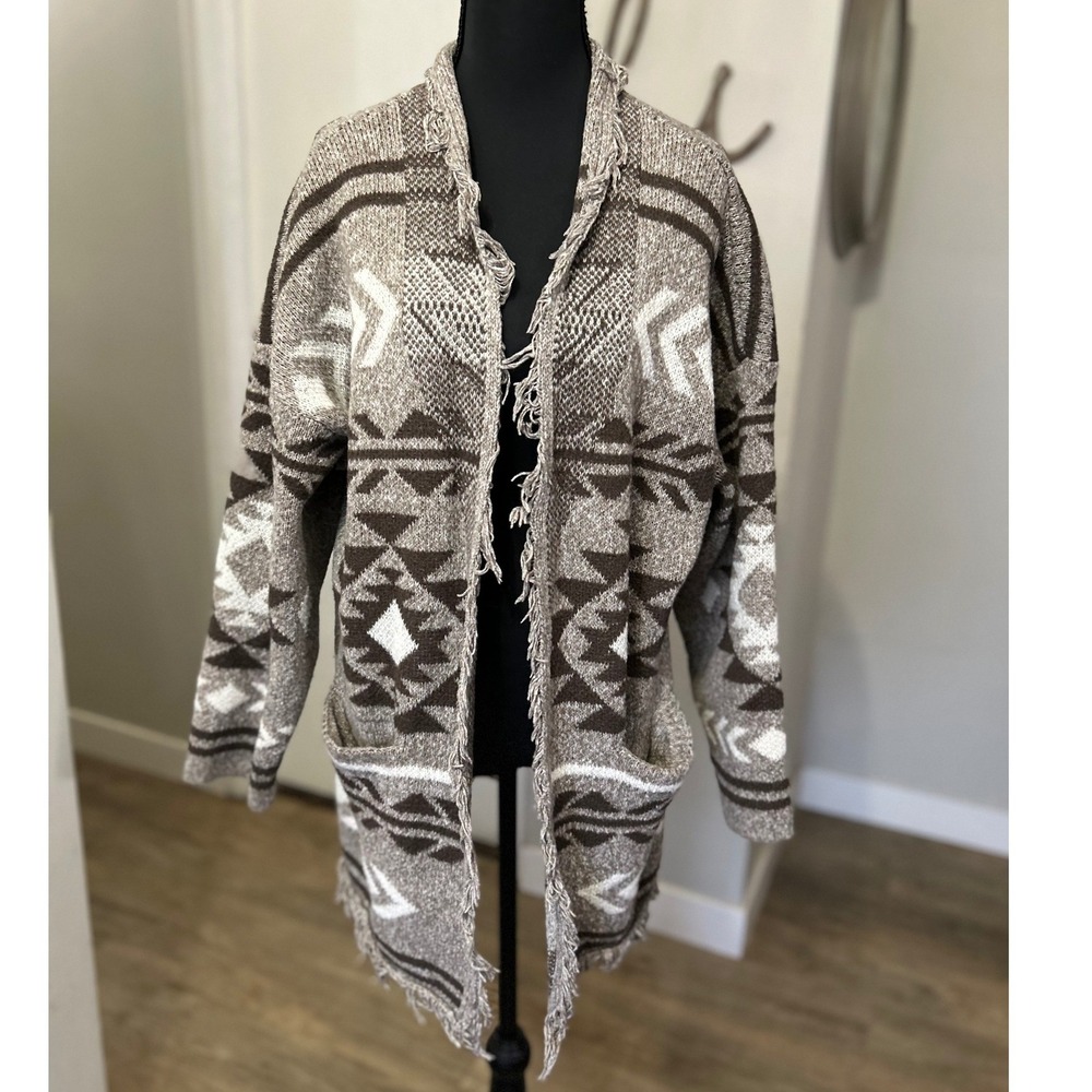 Cardigan Sweater Women's Medium Brown Aztec Boho Fringe Cozy Long Knit Boyfriend